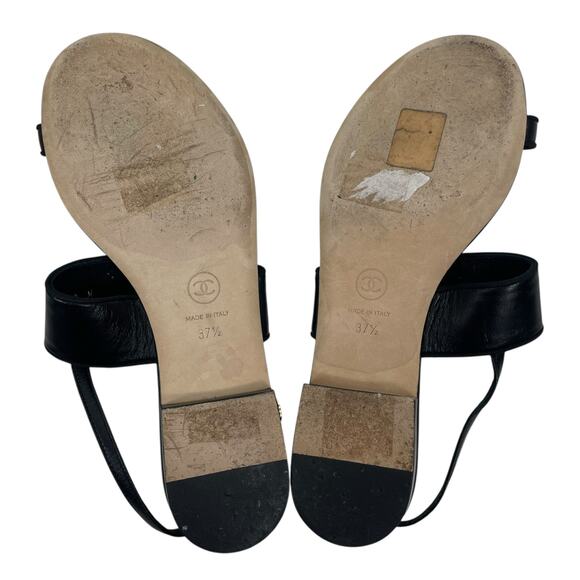 Chanel Camellia Pearl Logo Toe Ring Slingback Flat Sandal Black Size 37.5 - Picture 8 of 13